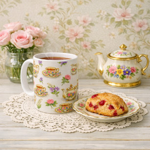 Café Patrón de Tetera y Taza de Té Floral Vintage