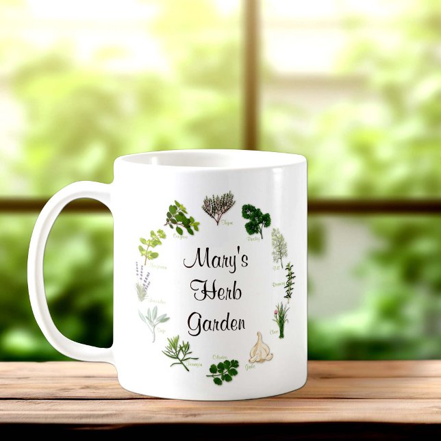 Café Personaliza tu taza de jardín de hierbas (Customize Your Herb Garden Mug. Personalize with your custom text. Fragrant, flavorful herbs.)