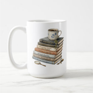 Café Pila de libros de acuarela acogedora con taza de t