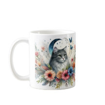 Retrato de gato gris bonito con taza de flores