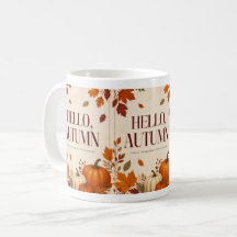 Taza acogedora de otoño | Hola calabaza y hojas de