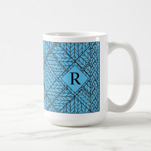 Café Taza alta blanca de punto argyle azul + Texto