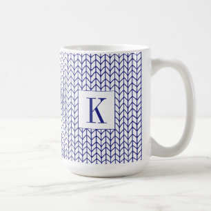 Café Taza alta blanca de punto de línea azul + inicial