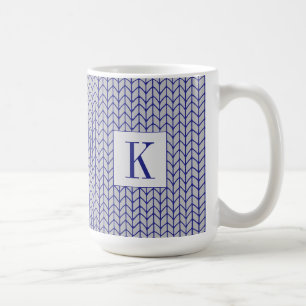Café Taza alta blanca de punto gris azul + inicial