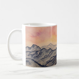 Café Taza azul de la salida del sol de la montaña