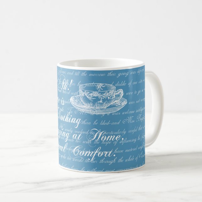 Café Taza azul y blanca del texto casero de Jane Austen (Anverso derecho)