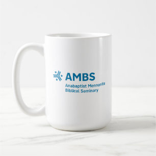 Café Taza blanca con logo azul de AMBS