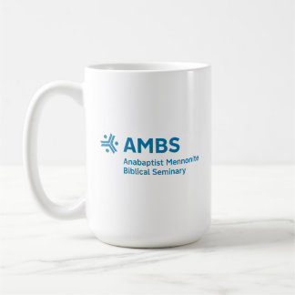 Café Taza blanca con logo azul de AMBS