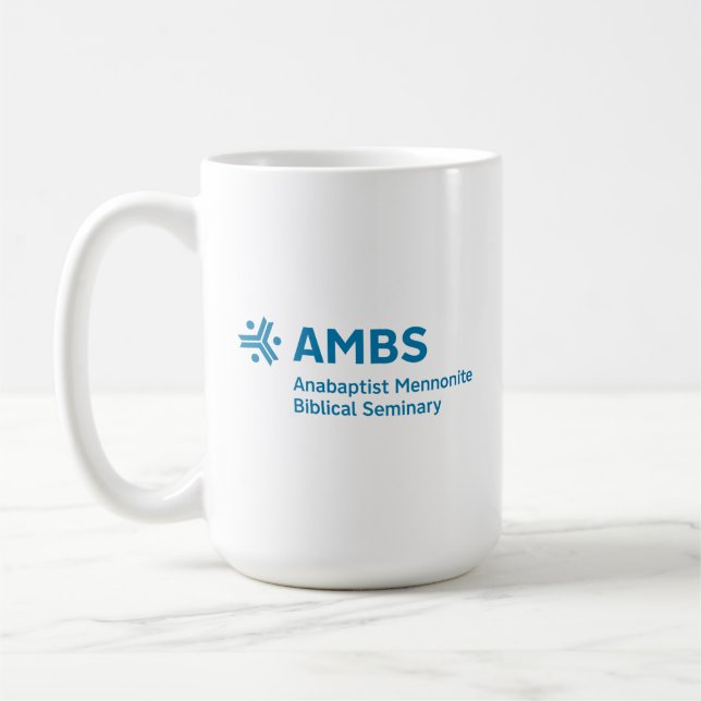 Café Taza blanca con logo azul de AMBS (Izquierda)