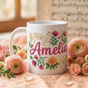 Café Taza Brillante Amante de la Música Floral de Ameli