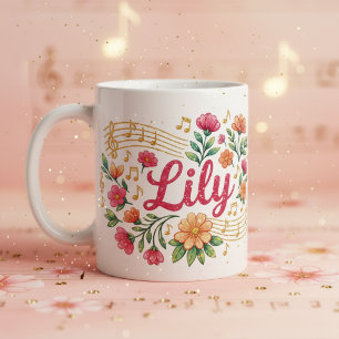 Café Taza Brillante Amante de la Música Floral de Lily