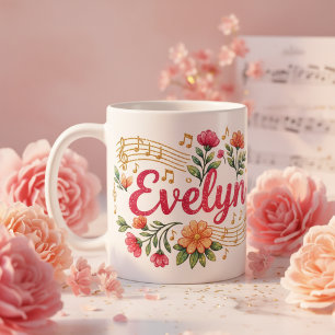 Café Taza Brillante Amante de la Música Floral Evelyn