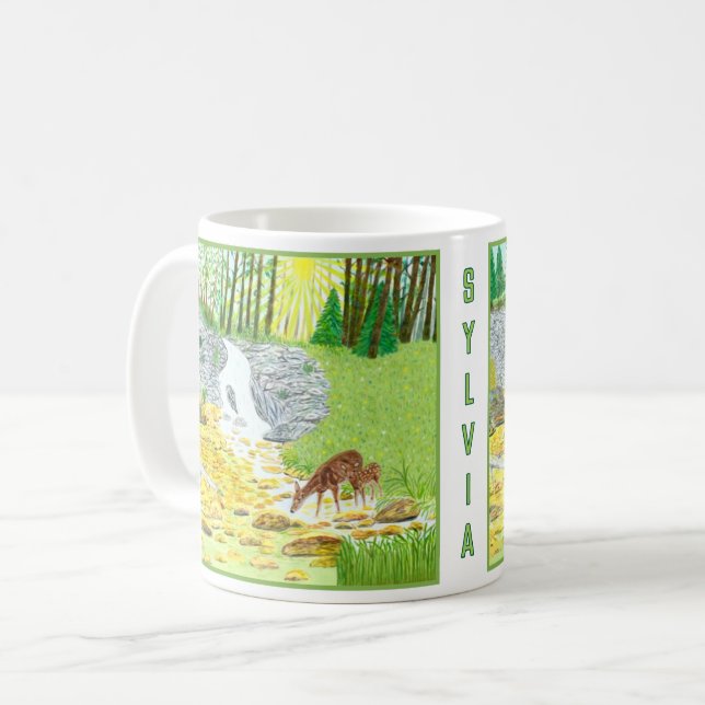 Café Taza Clásica de Escena Forestal con Texto (Anverso izquierdo)