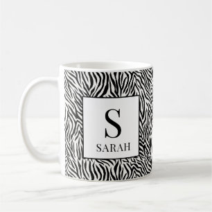 Café Taza Clásica de Monograma de Cebra Blanco y Negro