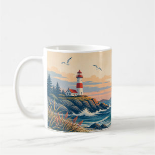Café Taza clásica de puesta de sol en faro costero con