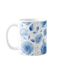 Taza clásica de rosas de acuarela azul elegante