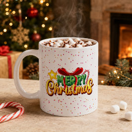 Café Taza Colorida de Feliz Navidad con Lazo y Caña de 