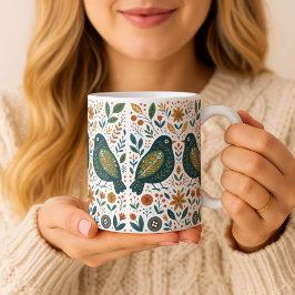 Café Taza con aves de arte popular escandinavo y patrón