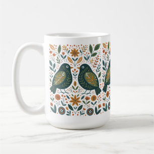 Café Taza con aves de arte popular escandinavo y patrón