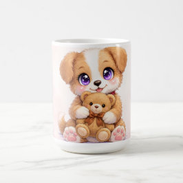 Café Taza con cachorro lindo sosteniendo oso de peluche