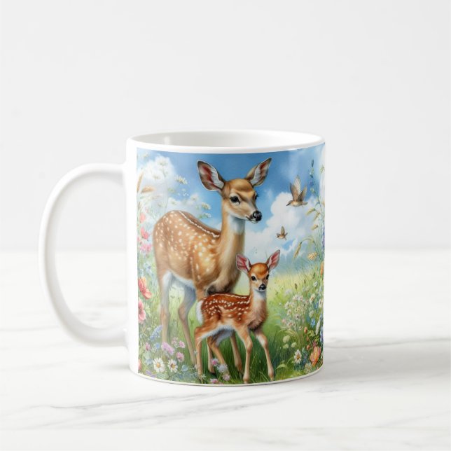 Café Taza con cervatillo de ciervo común entre flores s (Izquierda)