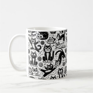 Café Taza con divertido patrón de gato blanco y negro