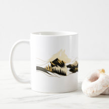 Taza con escena de montaña de línea de arte dorado