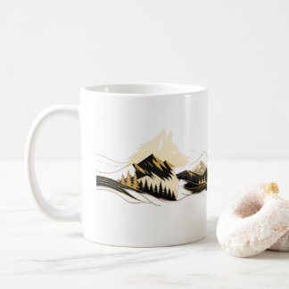 Café Taza con escena de montaña de línea de arte dorado