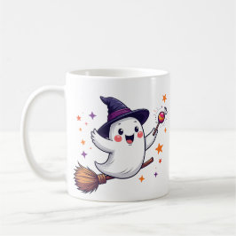 Café Taza con fantasma de Halloween en escoba