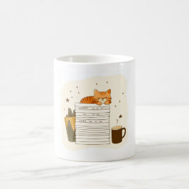 Café Taza con gato somnoliento en pila de libros