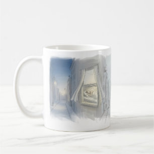Café Taza con ilustración de ciudad soñadora en una mañ