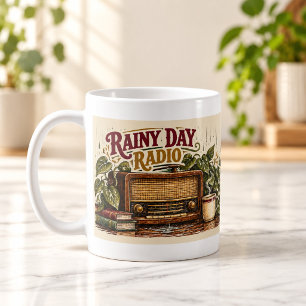 Café Taza con ilustración vintage de radio en día lluvi