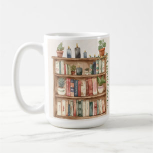 Café taza con imagen de estantería de libros antiguos y
