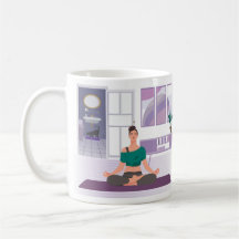 Taza con imagen de mujer haciendo yoga en casa