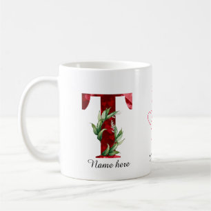 Café Taza con inicial de letra T floral corazón rojo de