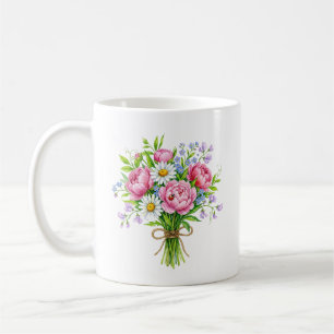 Café Taza con libélula de acuarela de ramo de peonía de