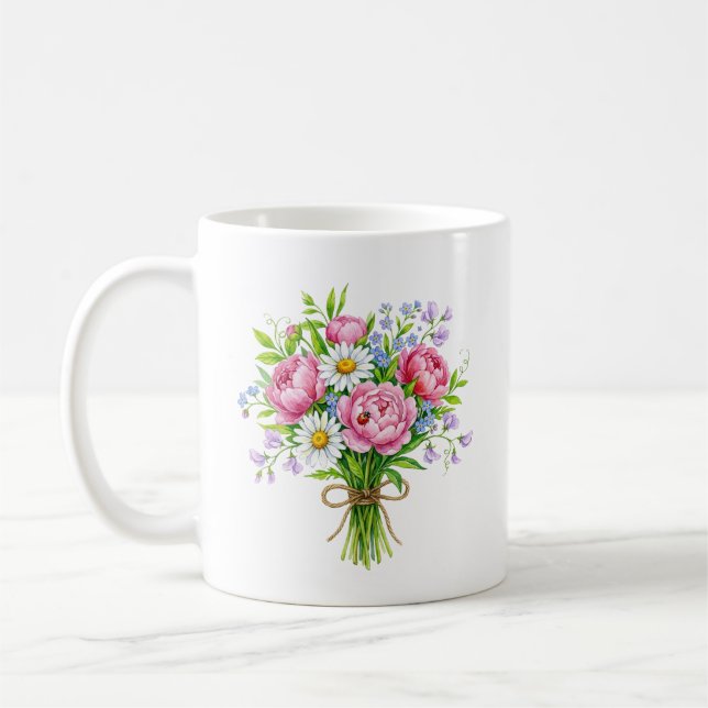 Café Taza con libélula de acuarela de ramo de peonía de (Izquierda)