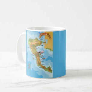 Café Taza con mapa colorido de la isla griega de Corfú