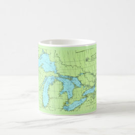 Café Taza con mapa de los Grandes Lagos en azul y verde
