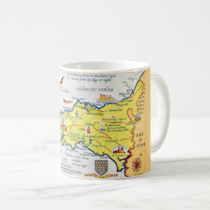 Café Taza con mapa ilustrado coloridamente de Cornwall