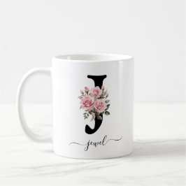 Café Taza con monograma de inicial J floral flores rosa