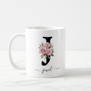 Café Taza con monograma de inicial J floral flores rosa