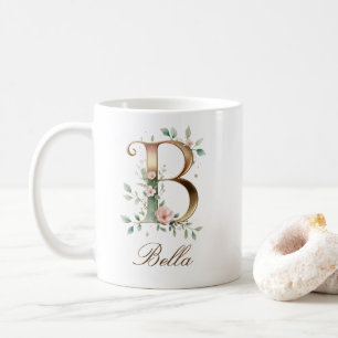 Café Taza con monograma de letra B floral dorada elegan