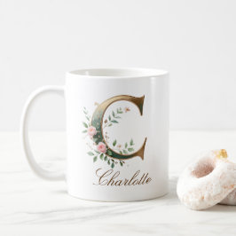 Café Taza con monograma de letra C floral dorada elegan