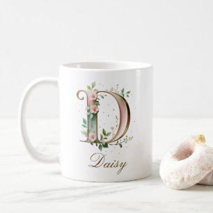Café Taza con monograma de letra D floral dorada elegan