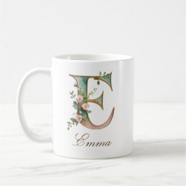 Café Taza con monograma de letra E floral dorada elegan