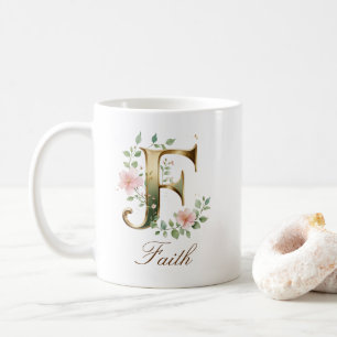 Café Taza con monograma de letra F floral dorada elegan
