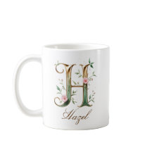 Taza con monograma de letra H floral dorada elegan
