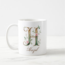 Café Taza con monograma de letra H floral dorada elegan