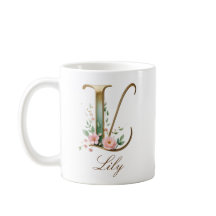 Taza con monograma de letra L floral dorada elegan